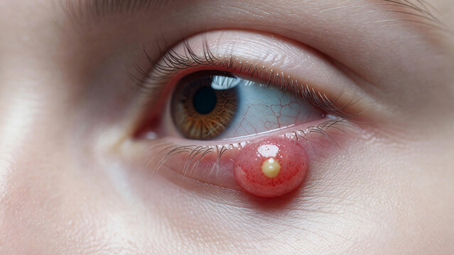 Eye with chalazion and stye infection on eyelid, ophthalmology disease and medical diagnosis