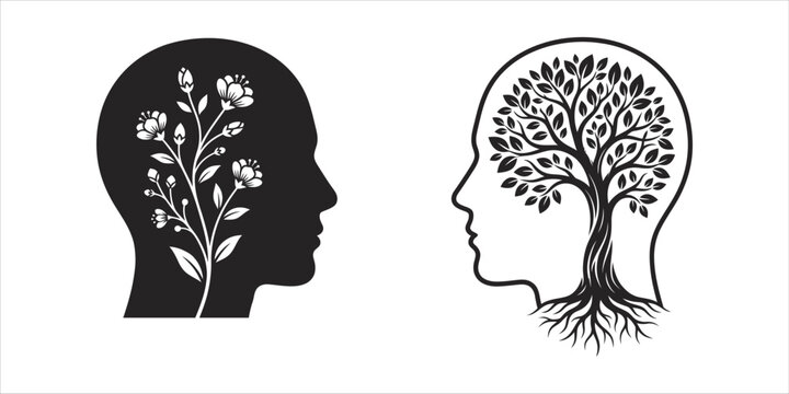 Conceptual illustration of human head silhouettes containing a blooming flower and a growing tree with roots