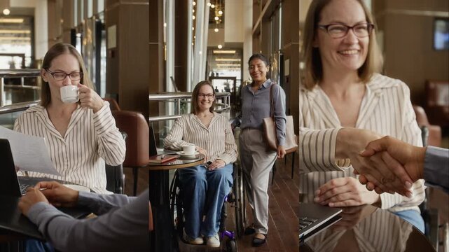 Split screen of Caucasian woman with disability in wheelchair collaborating with Hispanic colleague and shaking hands. Ideal for corporate diversity and inclusive workplace videos