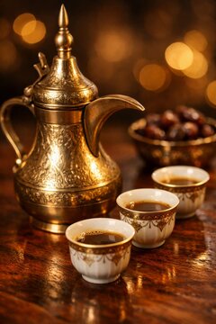 Traditional arabic coffee pot and cups on wooden table with dates and warm bokeh lights for hospitality background and banner design