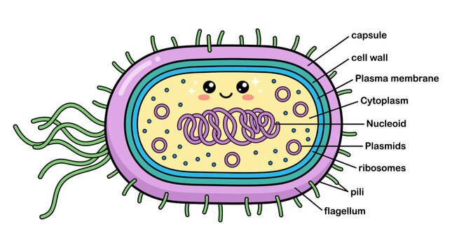 Labeled prokaryotic cell diagram with cute bacteria illustration.