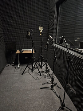 Professional recording studio with multiple microphones and stands. Dark tiled walls surround soundproofed space. Microphones mounted on sturdy black stands