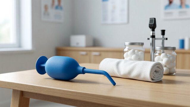Rubber ear irrigation tool on wooden table in clinic, wax removal and healthcare treatment