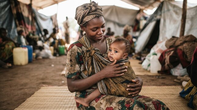Mother smiles gently, cradling child close. Tent camp surrounds them with muted tones. Earth-toned fabric wraps both their bodies. Dust and quiet define this humble shelter. Mother's gaze holds warmth