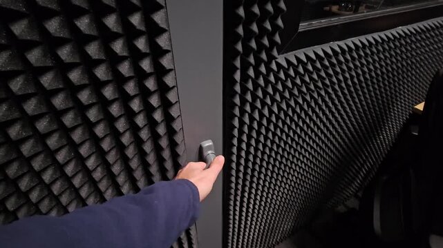 Soundproof door opens into a studio room. Black acoustic foam covers the walls. Hand pulls the metal handle. Glass panel reveals recording equipment inside. Light reflects off the polished surfaces
