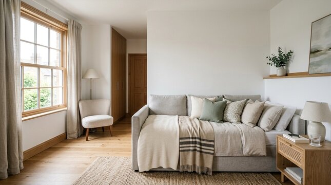 Cozy Scandinavian living room with a daybed, natural light, and minimalist decor.