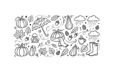 Naklejka premium Hand-drawn autumn doodles featuring pumpkins, leaves, and cozy elements
