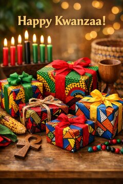 Kwanzaa gift boxes wrapped in colorful african fabric with kinara candles and cultural symbols for kwanzaa holiday greeting card and festive background