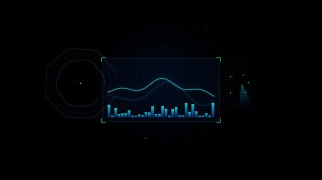 Abstract Blue Sound Wave Vector Background with Digital Pulse Line, ECG Heartbeat Graph, Financial Data Chart and Futuristic Technology Design