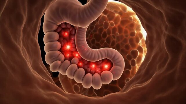 Gastric mucosal cells with glowing red microstructures in endoscopy-style medical visualization