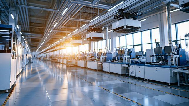 Bright modern semiconductor fab aisle with overhead hoist transport system carrying multiple wafer carrier pods above a long row of production equipment under industrial ceiling pipework