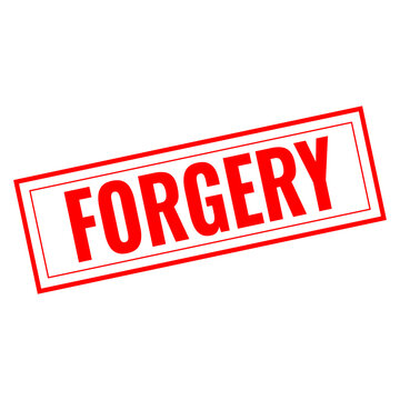 A bright red ink rubber stamp impression with the word forgery in a rectangular frame isolated for official documents and business security verification tasks