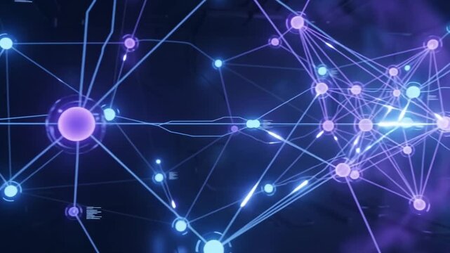 Cinematic 3D animation of glowing abstract neural network and digital data nodes