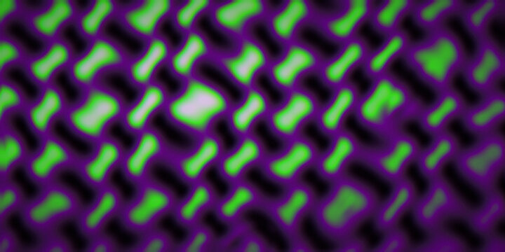 Seeping gyroid lattice drifts through purple and green gradients with warped smoke waves and grain.
