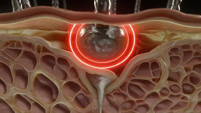 Hair follicle bulge with glowing stem cell niche rings beneath transparent skin layers for research