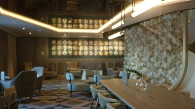 Luxury lounge bar interior with defocused bokeh seating area and soft shallow focus background; background backplate copyspace calm.