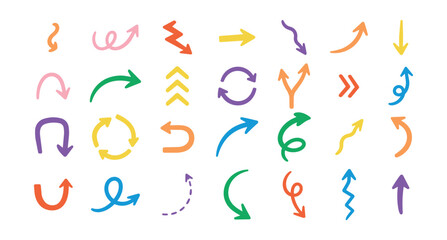 Obraz premium Hand drawn colorful arrow set with playful curved zigzag and circular directions in outline doodle style, with arrow, curved, loop, zigzag detail, showing chevron, rotate, uturn, fork context
