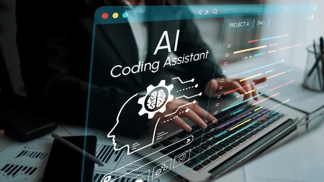 Innovative AI Coding Assistant Concept with Hands Typing on Laptop and Creative Graphical Interface Highlighting Technology and Future. Entropy.