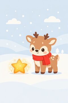 Cute cartoon reindeer with red scarf and glowing star in snowy landscape for christmas kids wallpaper and holiday greeting background