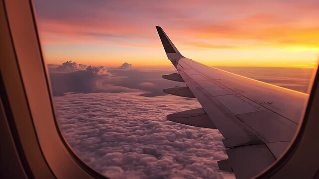 Airplane wing over clouds at sunset from window seat