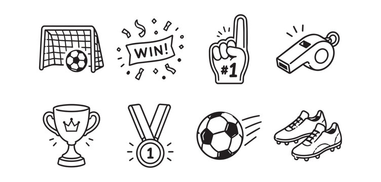 Hand drawn doodle outline soccer icons set with goal ball trophy whistle foam finger and cleats, with soccer, football, goal, ball detail, showing net, trophy, medal, whistle context
