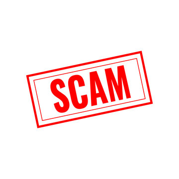 Red rectangular rubber stamp with the word scam written in bold capital letters for business document marking and warning about fake internet activities