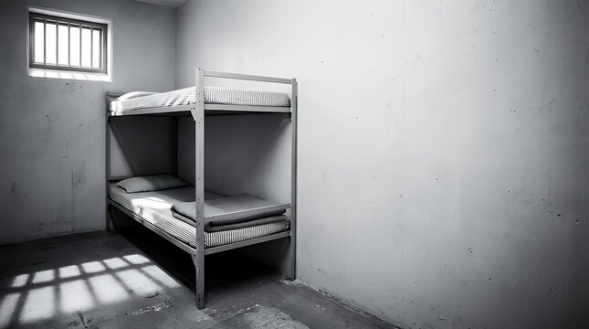 A stark and simple image of a prison bunk bed in a detention center representing incarceration confinement and the American justice system. prison bunk bed detention center american usa jail cell