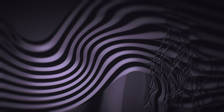Branching purple lightning cuts through marbled ink swirls in an embossed op art composition with dark cinematic grain.