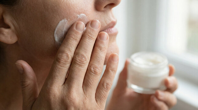 Woman applying cream to her cheeks while holding a jar of moisturizer  