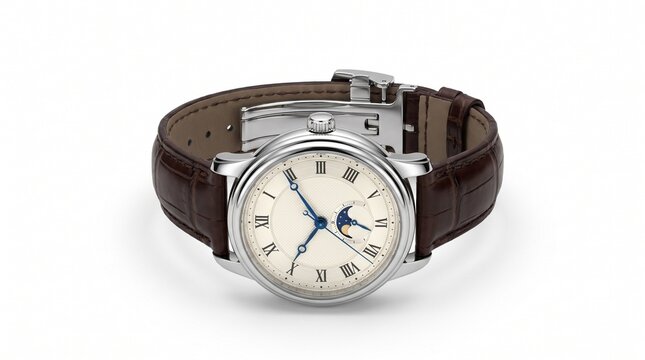 Elegant silver luxury wristwatch featuring a cream textured dial Roman numerals and dark brown alligator leather strap on white background