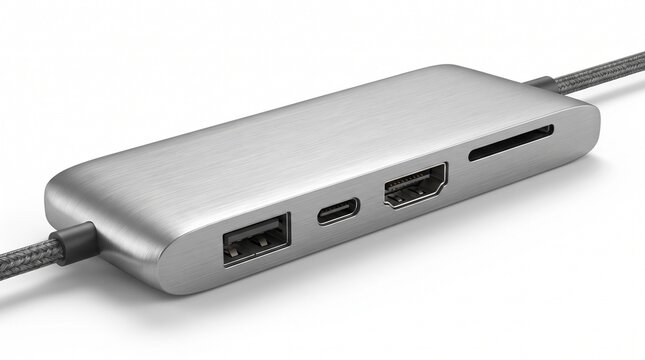 Sleek brushed aluminum usb c hub featuring multiple ports for high speed data transfer and connectivity in a modern studio setup