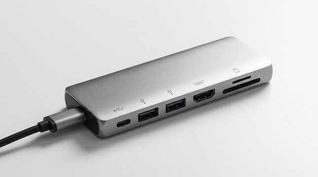 Modern metallic usb type c multiport adapter with hdmi and card reader ports isolated on a clean white studio background