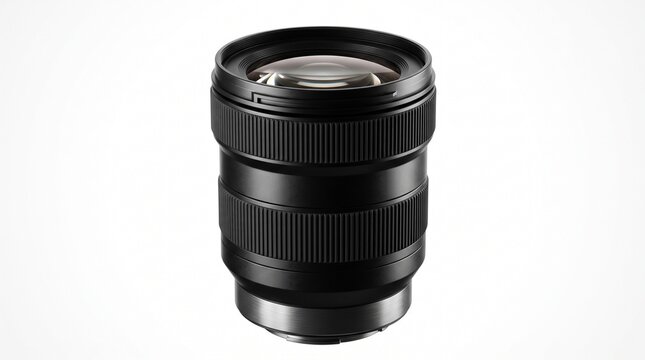 Professional camera lens isolated on white background featuring metallic textured rings and sharp glass elements for high quality digital photography