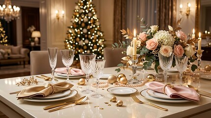 Fototapeta premium Elegant Christmas dinner table setting with festive decorations and glowing tree background