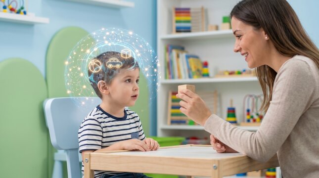 Woman teaching child through play with wooden block in classroom. Early childhood education, cognitive development, creativity and future learning technology concept.