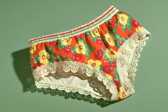 Floral red underwear with cream lace trim arranged on a green surface with strong sunlight and crisp shadow Flat lay product composition Theme of vintage summer lingerie