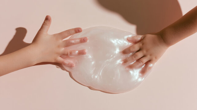 Children's hands enjoying sensory play, stretching and squishing shiny iridescent slime on a pastel pink background, encouraging fine motor skills development and creativity