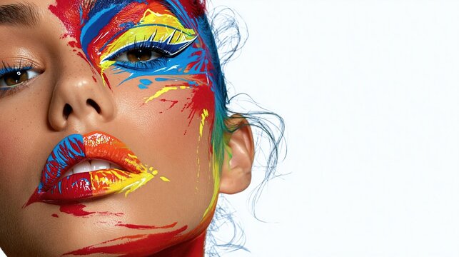 Extreme close-up portrait shows vivid red blue yellow and green face paint around one eye and glossy multicolor lips on a white background Concept of artistic expression