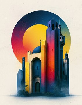 Surreal mosque-like architectural illustration with domes arches towers and colorful geometric facades inside a glowing circular sunset Composition with atmospheric texture Concept of imagined archi