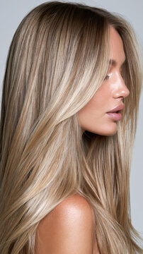 Young woman with natural makeup, clean skin, and beautifully styled long blonde hair featuring balayage highlights, focusing on hair texture, color, and healthy appearance