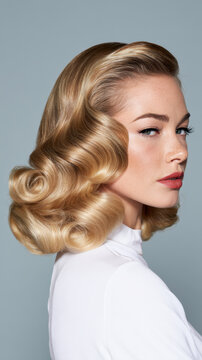 Woman styling classic blonde hair with retro finger waves, portraying elegance and beauty, perfect for vintage glamour, fashion, and beauty campaigns