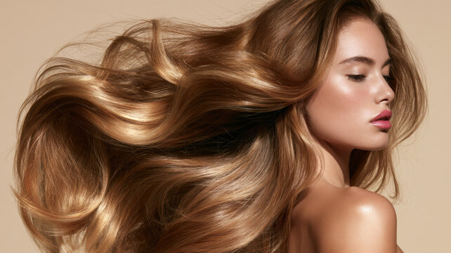 Young woman with closed eyes presenting luxurious long wavy hair flowing, showcasing healthy, shiny, and voluminous hairstyle for beauty and hair care concepts