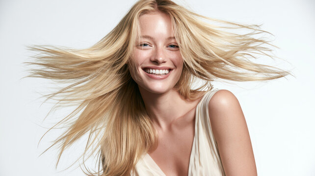 Blonde woman with long, flowing hair and clear skin smiling confidently, enjoying the breeze and showcasing healthy, vibrant locks on a white background