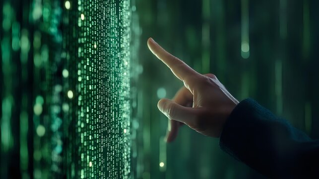 Programmer hand touching glowing green digital code stream