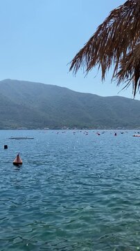 Scenic view of calm blue Bay of Kotor in Montenegro framed by thatched palm umbrella, with green mountains in the background