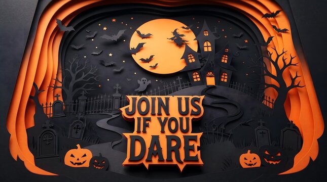 Spooky halloween layered paper art with join us if you dare text