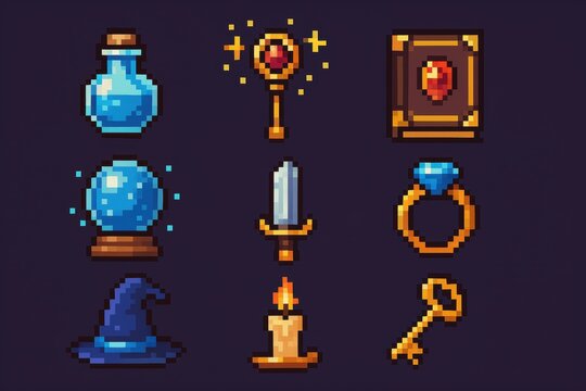 Pixel art magical items displayed on dark background