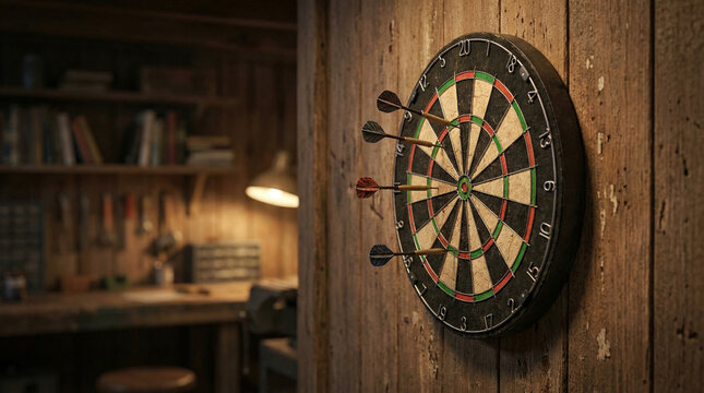 Dartboard on wooden wall in basement workshop with tools and shelves  