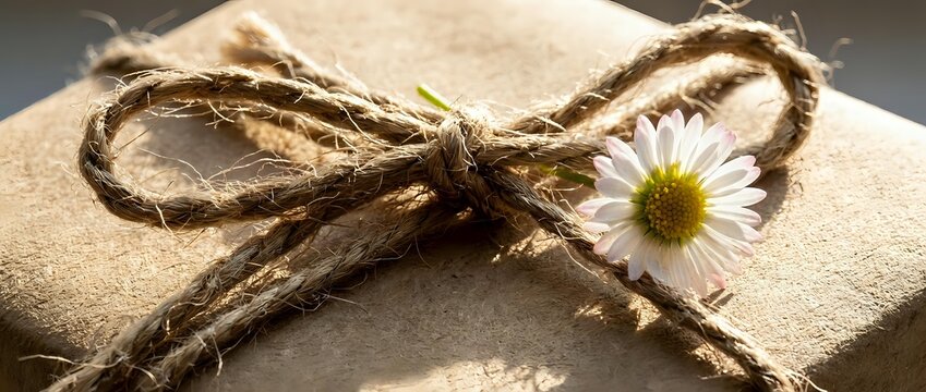 Rustic kraft paper gift box tied with natural twine bow and fresh