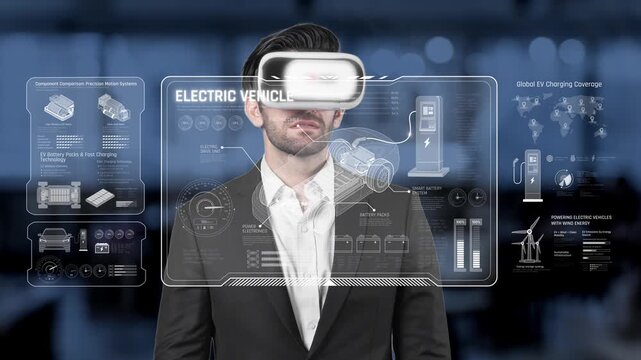 Businessman wearing a virtual reality headset in a modern office, engaging with digital displays about electric vehicle advancements and charging technologies. Raster